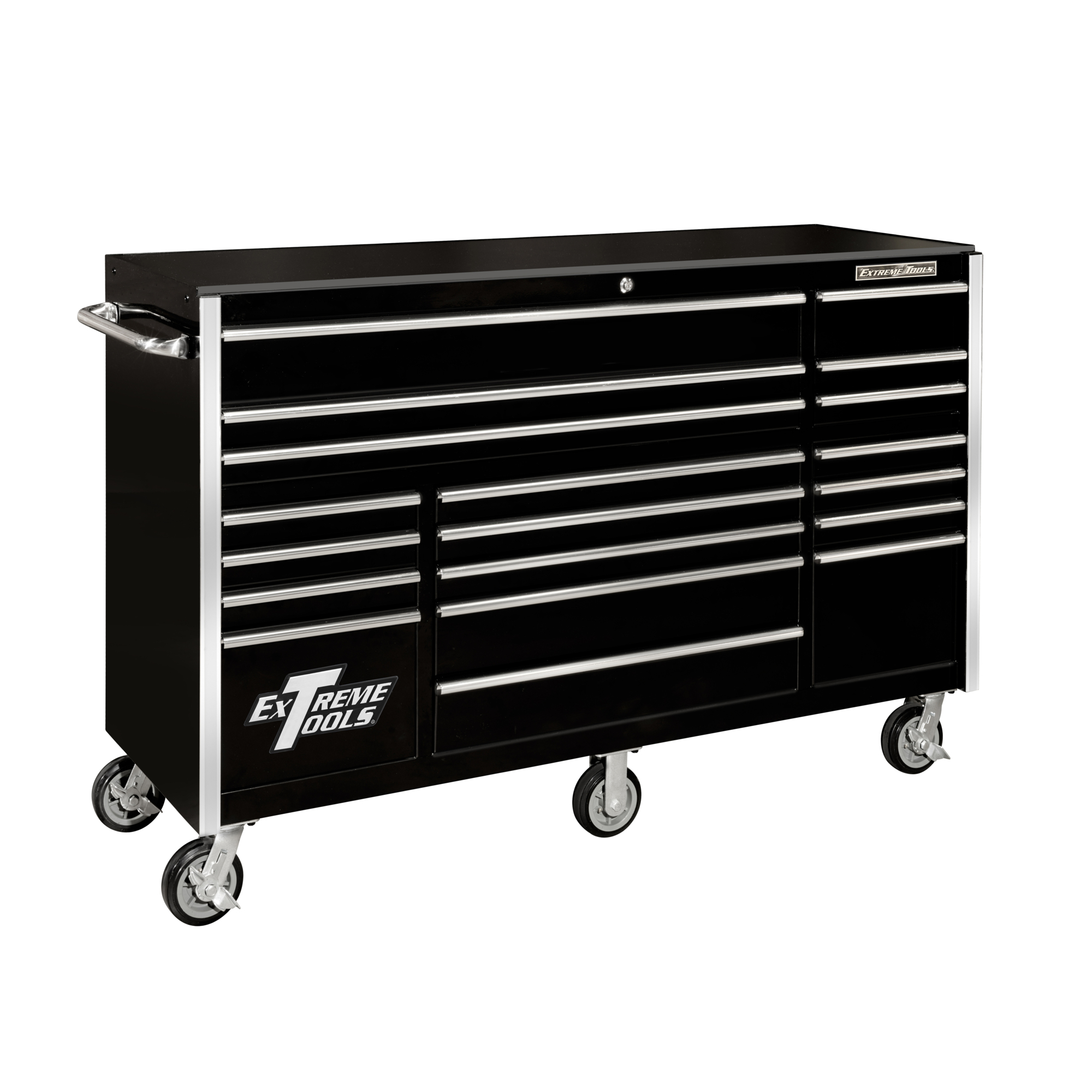 Extreme Tools RX Series Roller Cabinet - 72in.W x 25in.D, 19 Drawers, 900-Lb. Mag Wheel Casters, Black, Model# RX722519RCBKCR-X